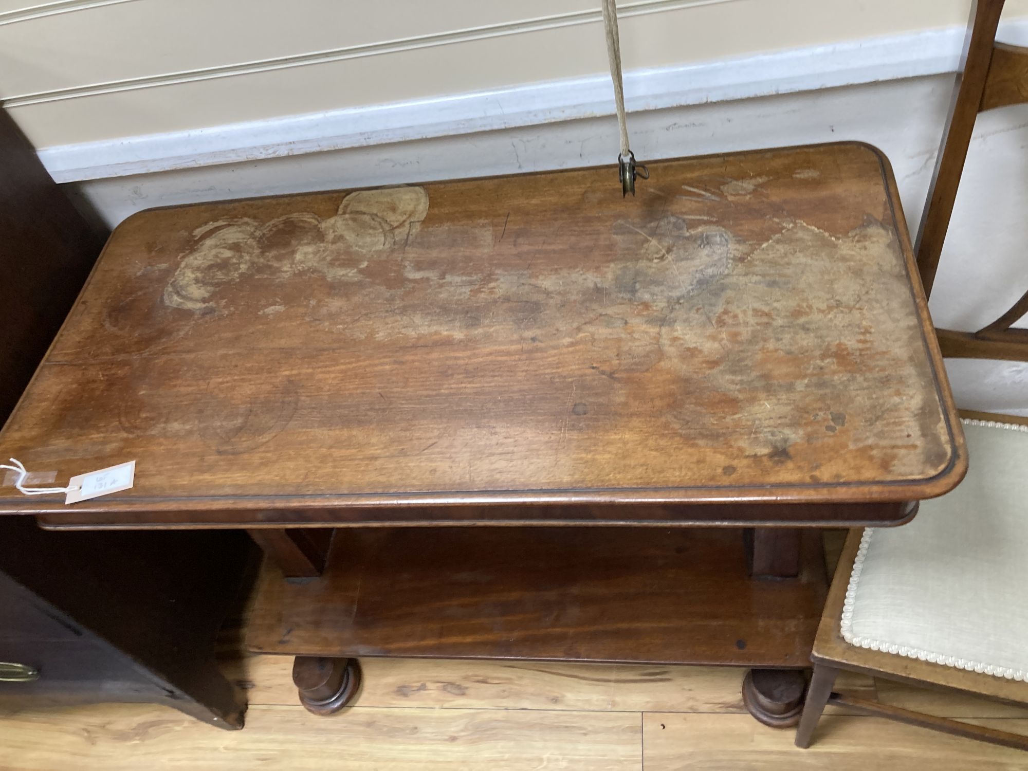 A Victorian adjustable mahogany dumb waiter, width 102cm, depth 48cm, together with an Art Nouveau inlaid mahogany side chair